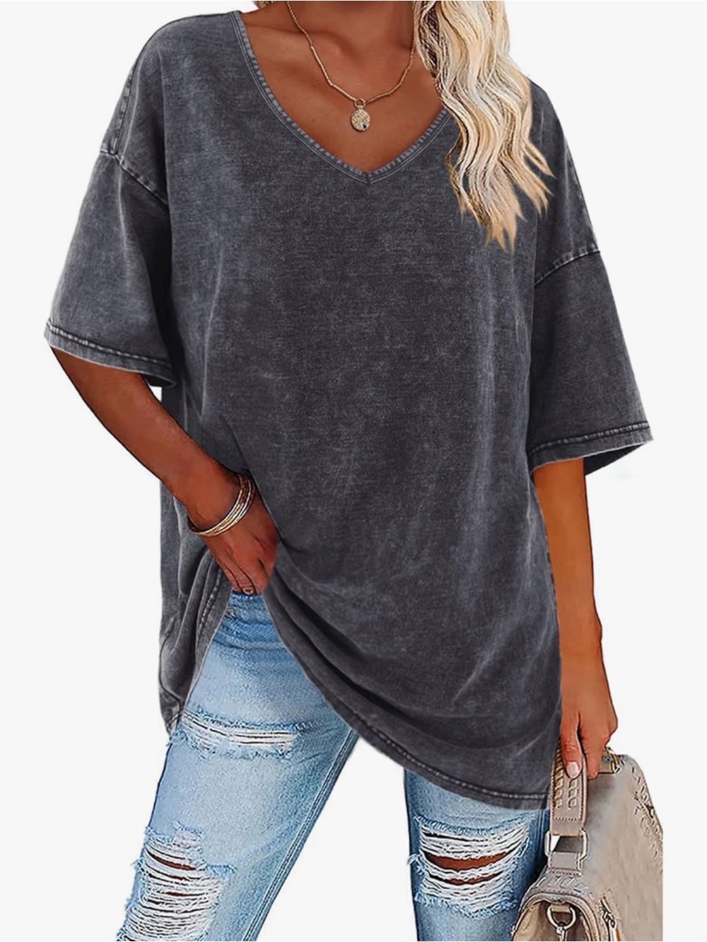 Washed Charcoal V-Neck Oversized Women's Top